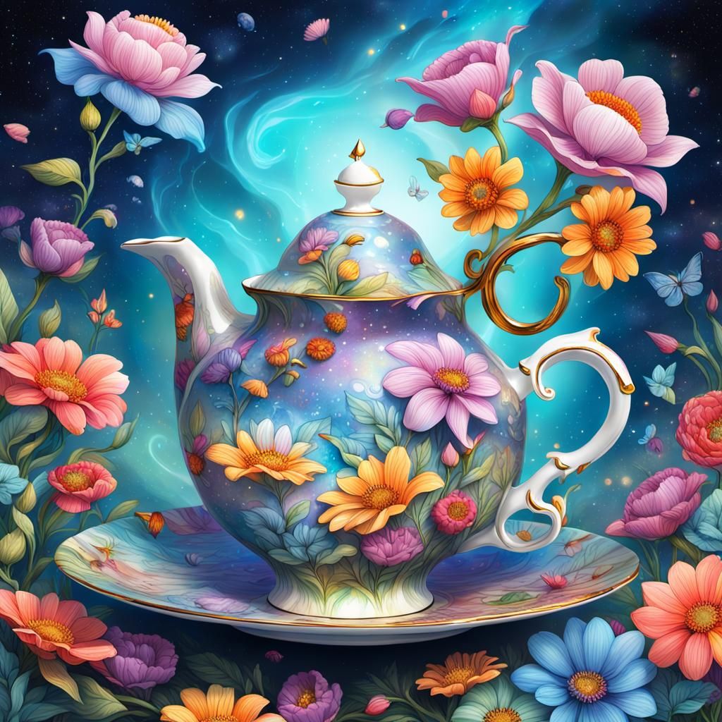 flowers flowing from the spout of the teapot, into a beautiful bone china cup and saucer, whimsical fantasy, beautiful ...