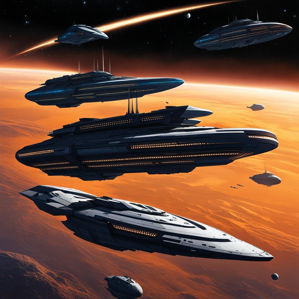 Planetary Battleships Guard Space City in Sci-Fi Scene