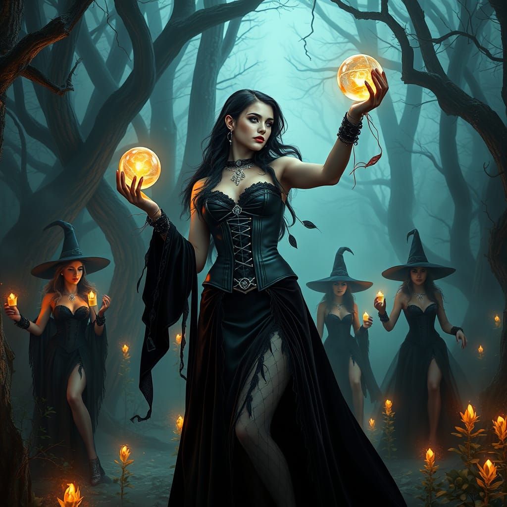 Gothic Sorceress Casting Spell in Misty Forest