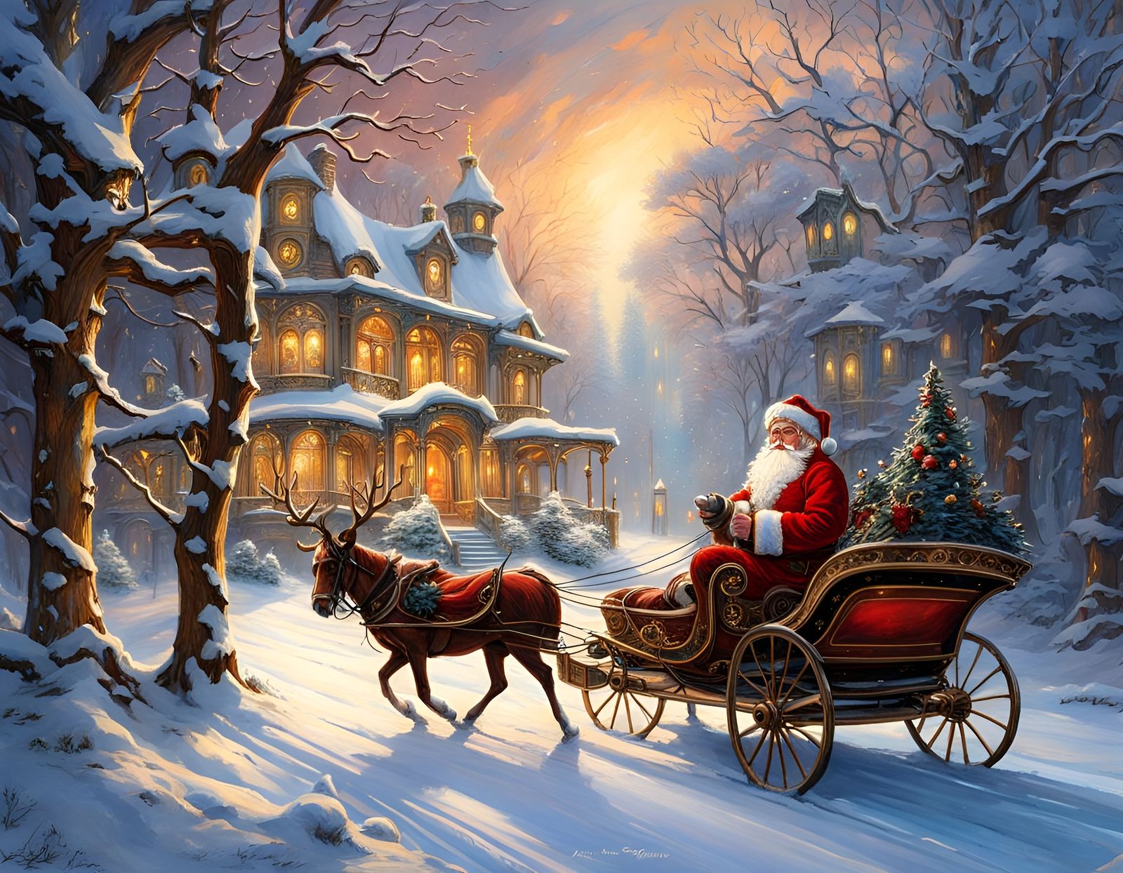 Steampunk Santa Sleigh Through Snowy Art Nouveau Landscape