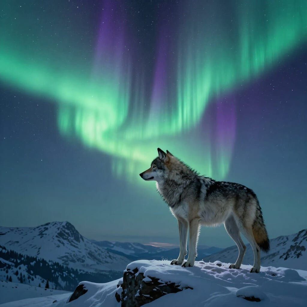 Lone Wolf Under Aurora: Hyperrealistic Digital Painting