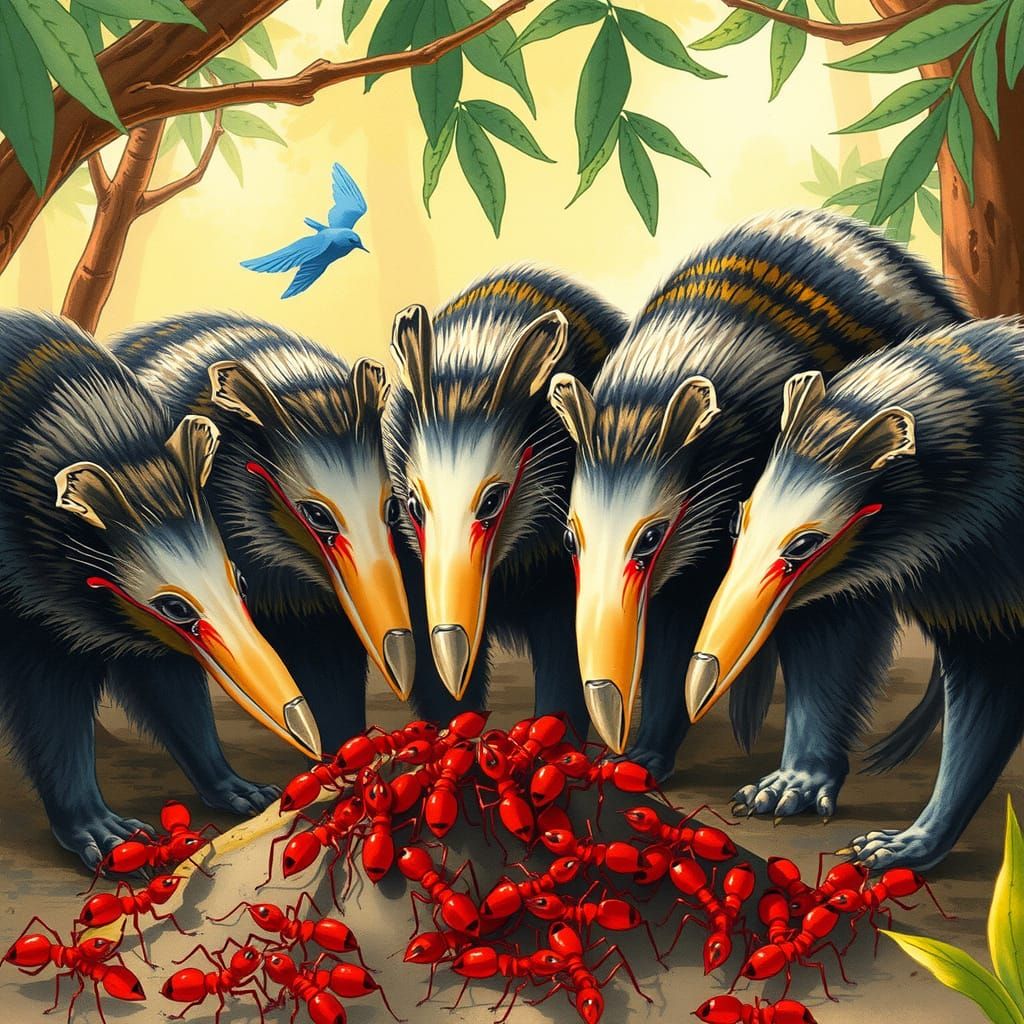 Numerous anteaters eating