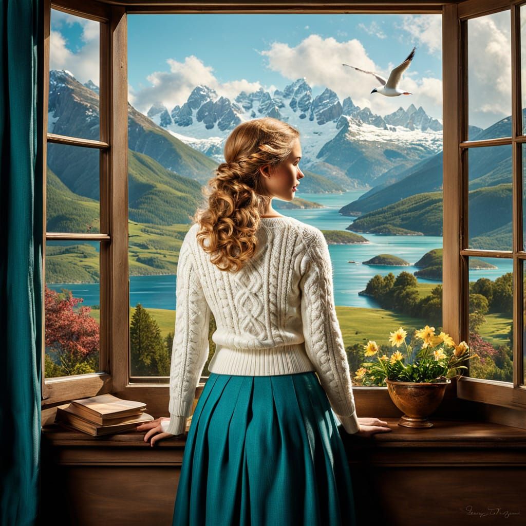 Gentle Girl Contemplates Majestic Mountains and Ocean