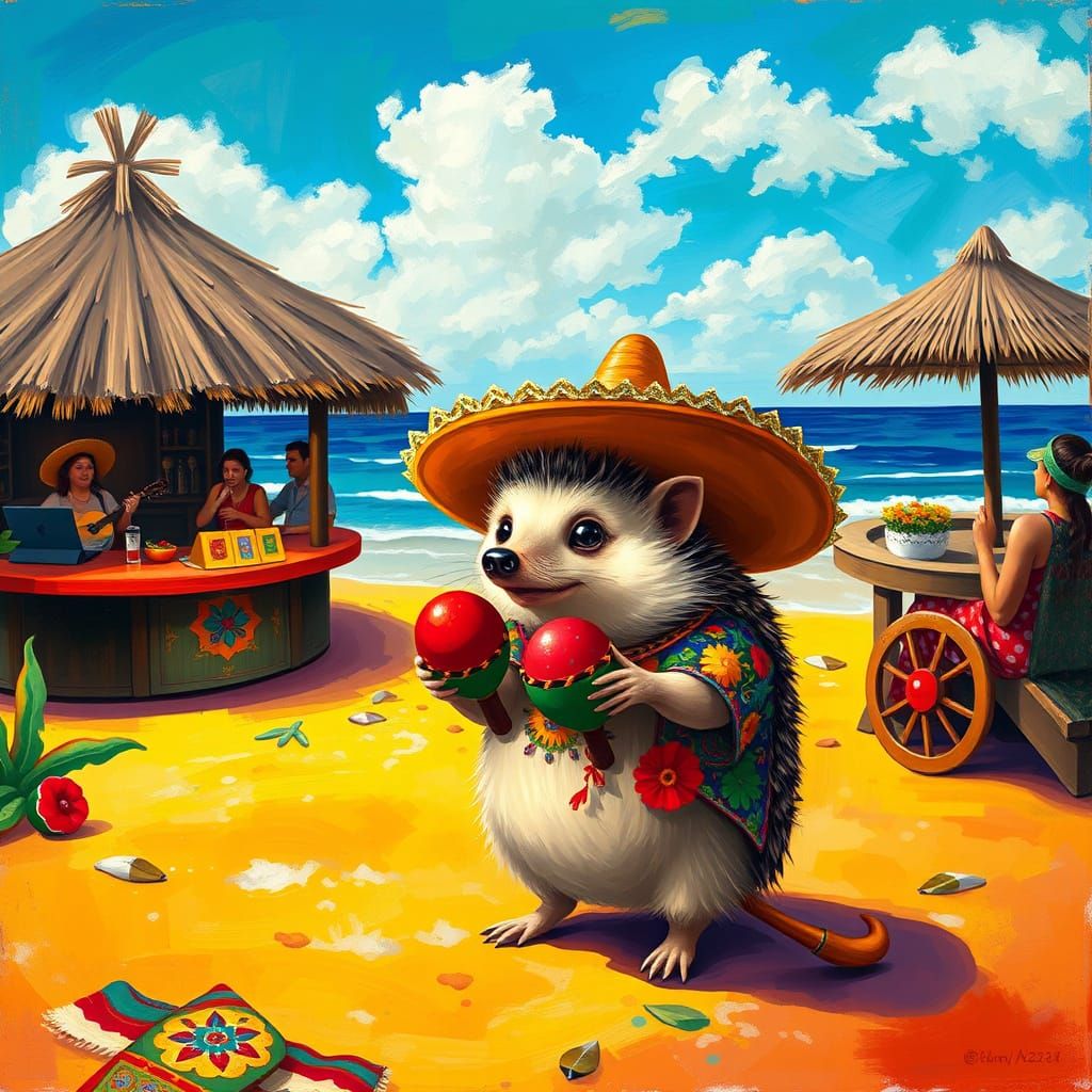 Festive Hedgehog in Sombrero on Mexican Beach