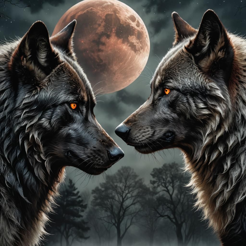 Wolves Kissing Under Blood Moon: Gothic Art