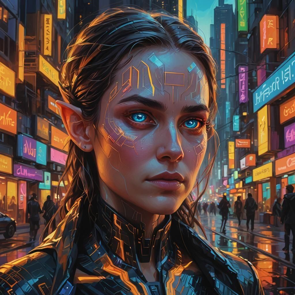 Cyberpunk Elf Hacker Portrait in Futuristic City
