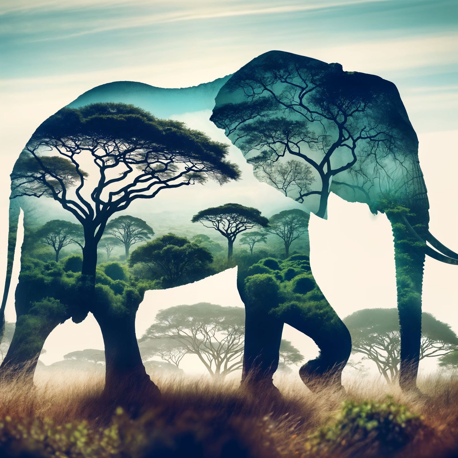 Elephant Silhouette Double Exposure: Savannah Forest