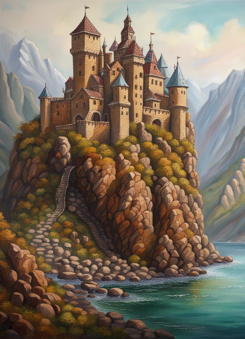 Cliffside Castle in Windswept Digital Art Style