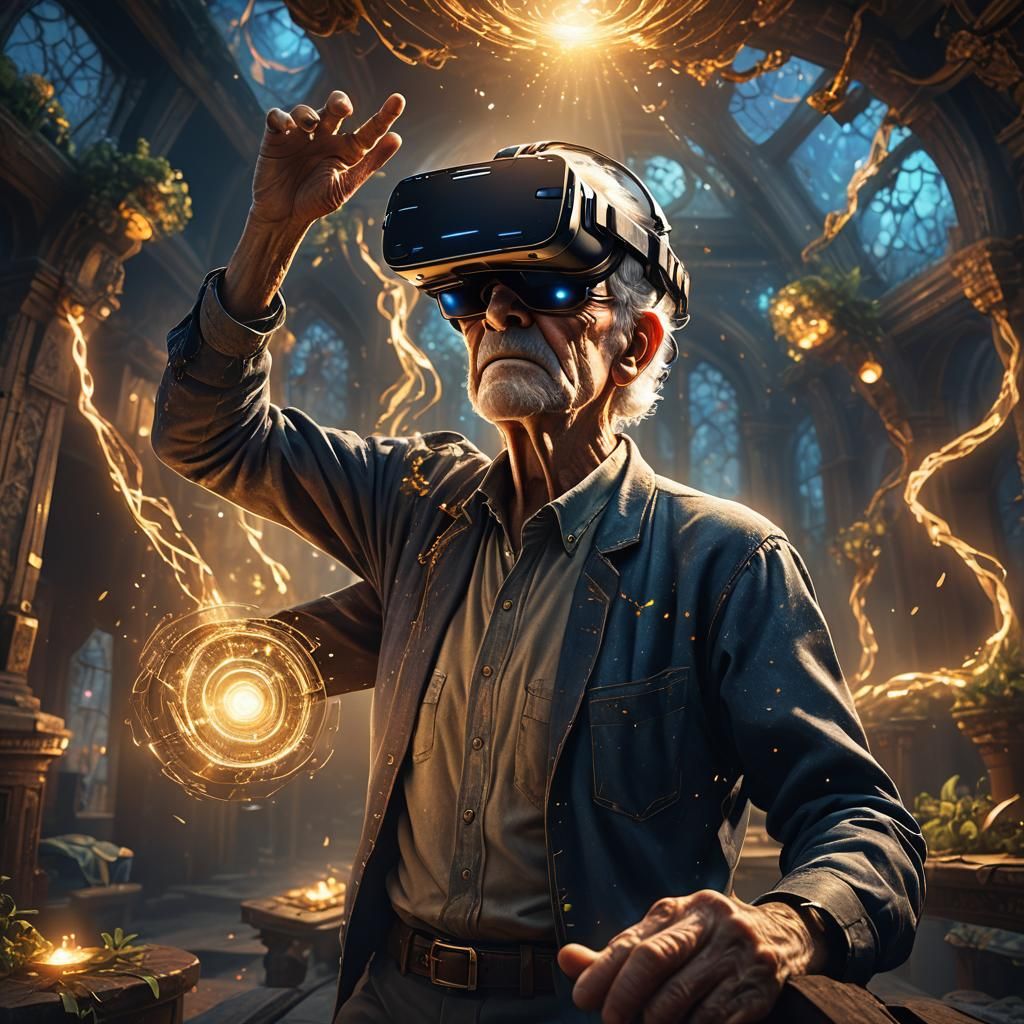 Elderly Man Immersed in VR: Detailed Digital Art