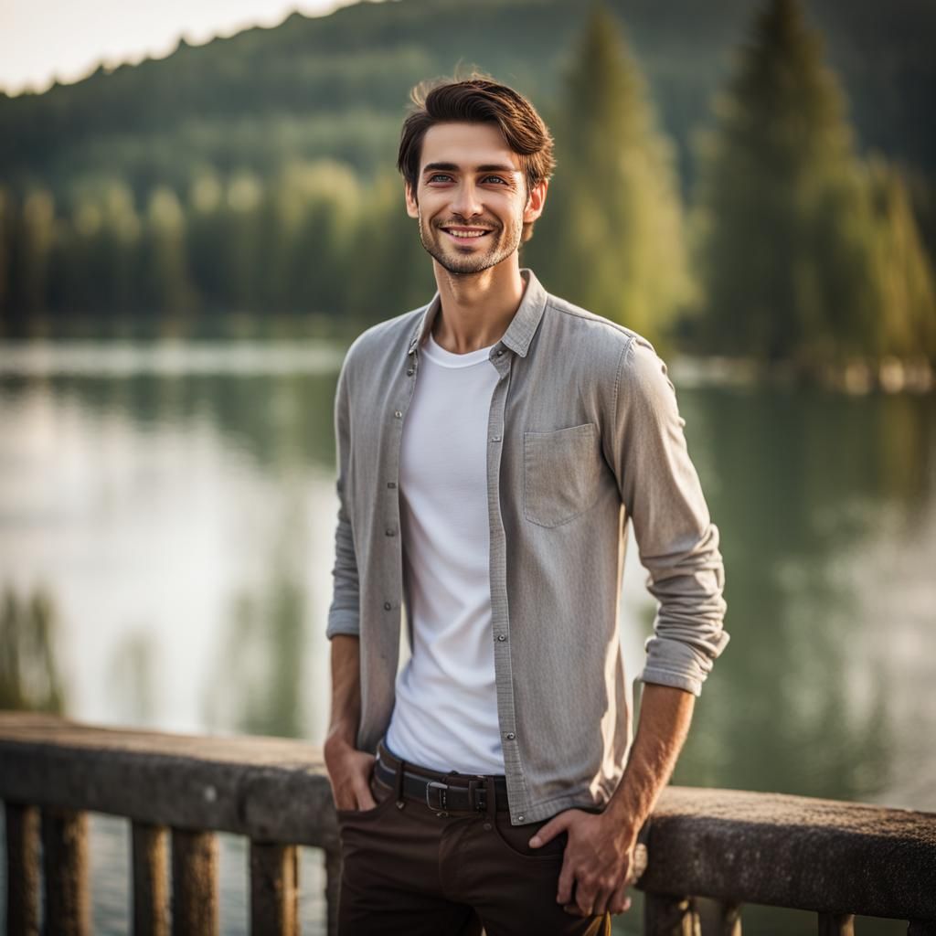 Young Man Smiling by Lake Constance: Professional Photograph...