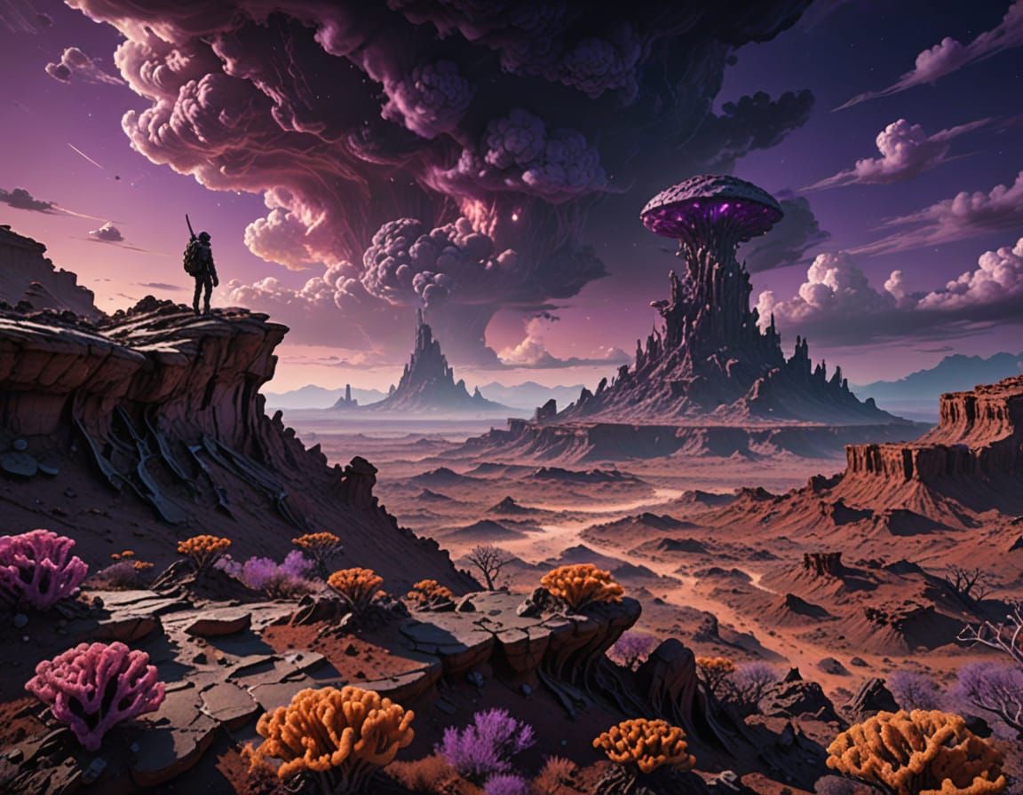 Oil-punk Explorer on Alien Mesa: Digital Matte Painting