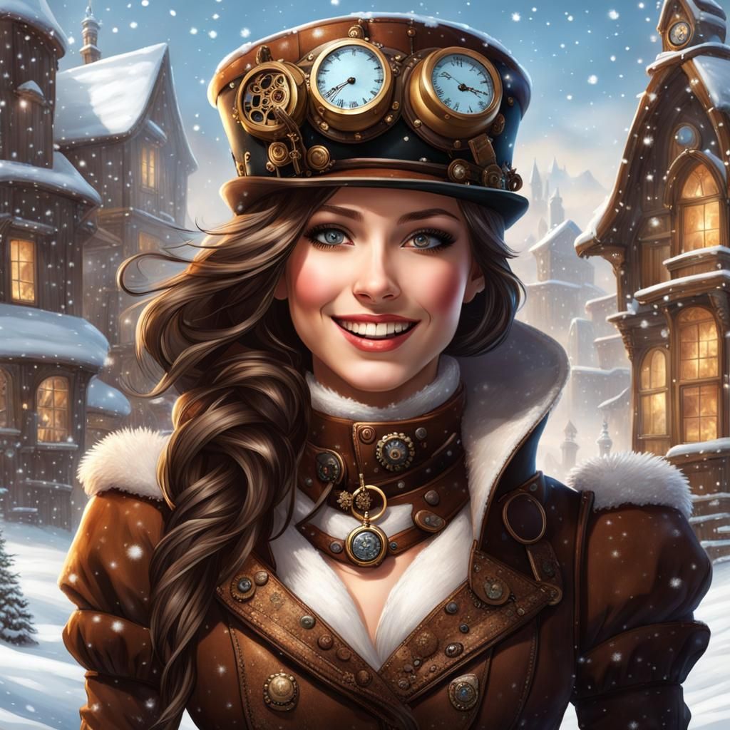 Steampunk Girl Portrait in Winter Village