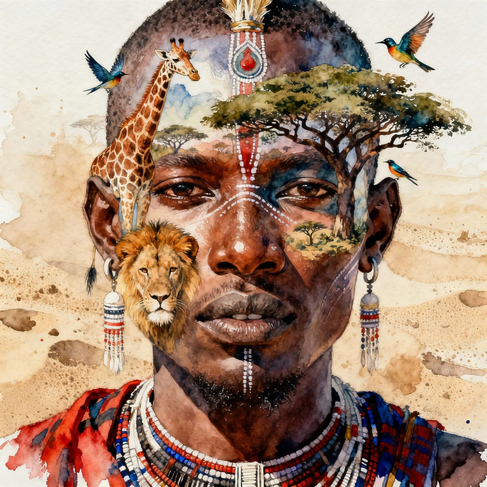 Create a closeup double exposure Massai Warrior's face, Sere...