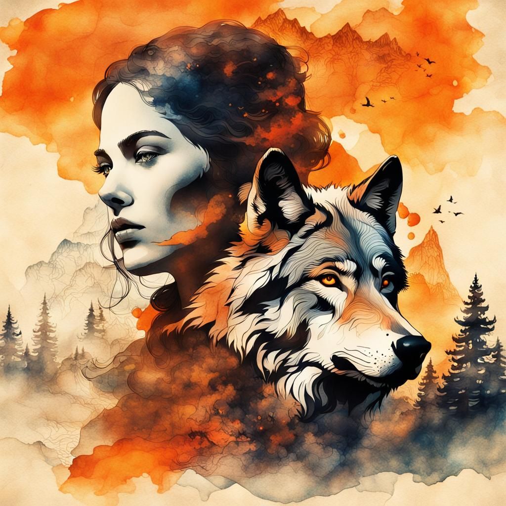 Woman and Wolf in Vintage Ink Painting