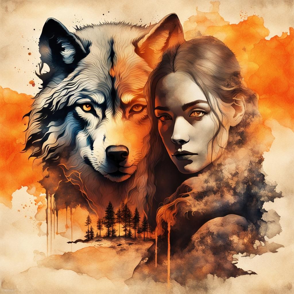 Woman and Wolf Double Exposure in Ink Painting Style