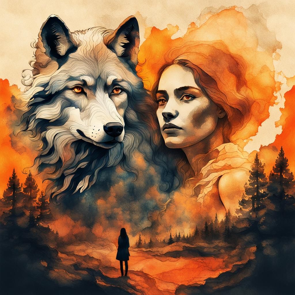 Double Exposure: Woman and Wolf in Ink Painting Style