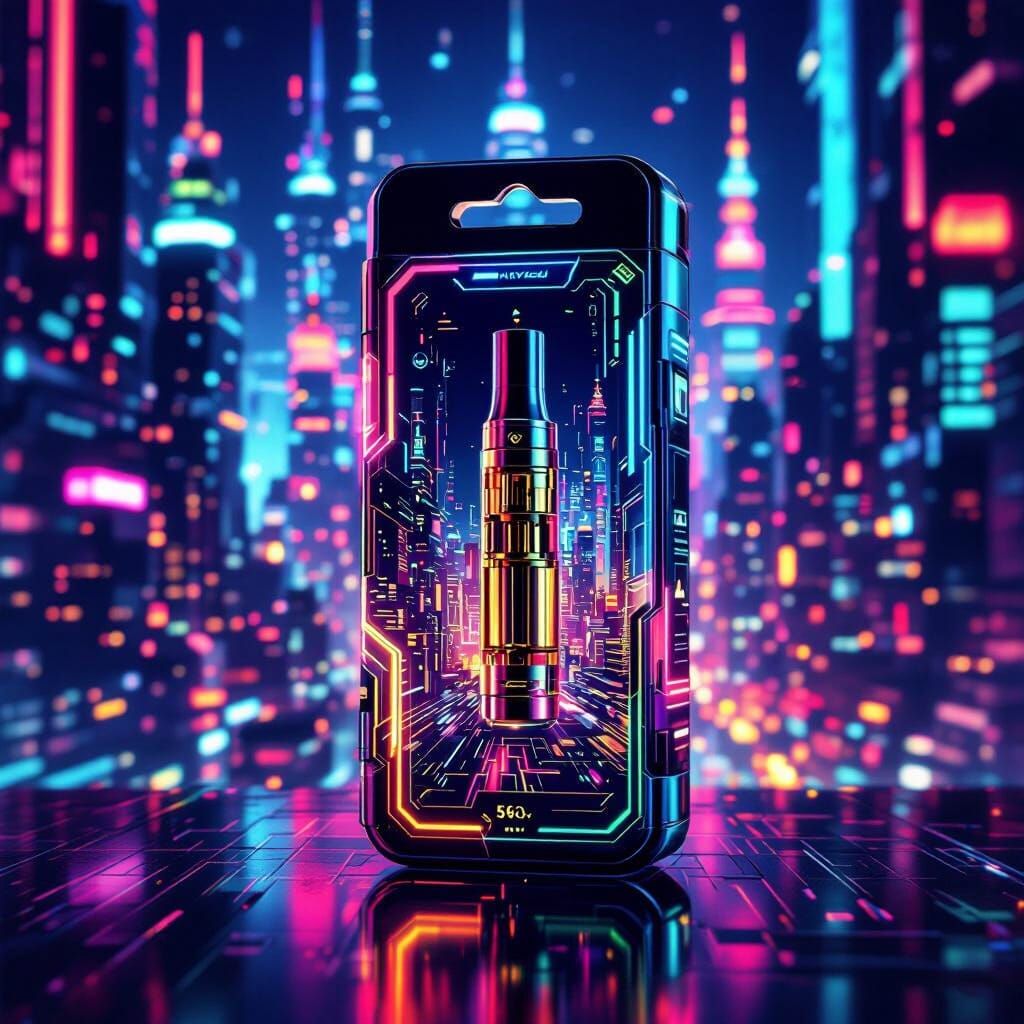 Futuristic Vape Cart Package with Neon Cityscape