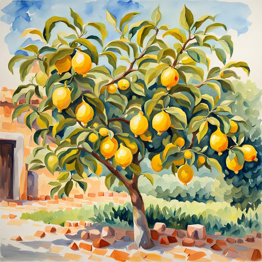 Lemon Tree in Gouache Style: Impressionist Garden