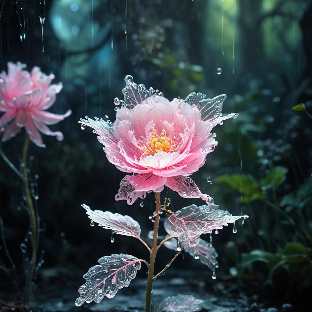 Ethereal Glass Flower in Rainy Dreamscape