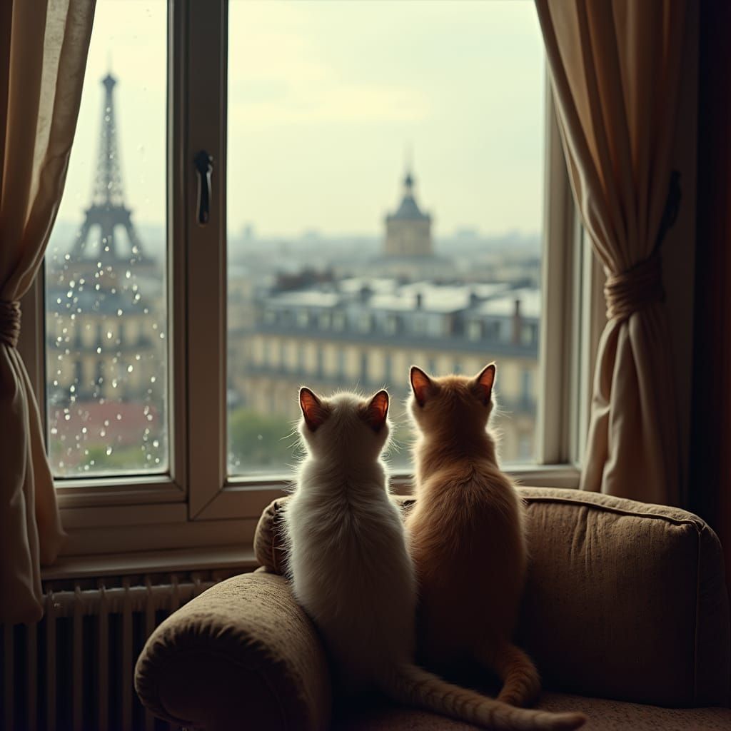 Kittens Gaze at Rainy Paris in Cinematic Film Still