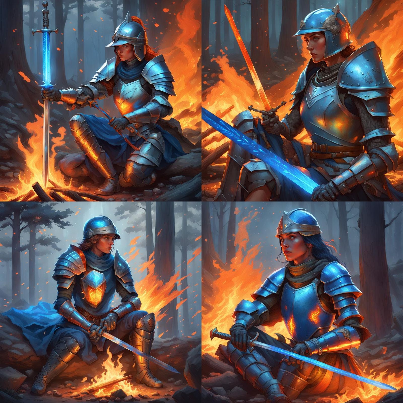 Knight Polishing Iridescent Sword by Campfire