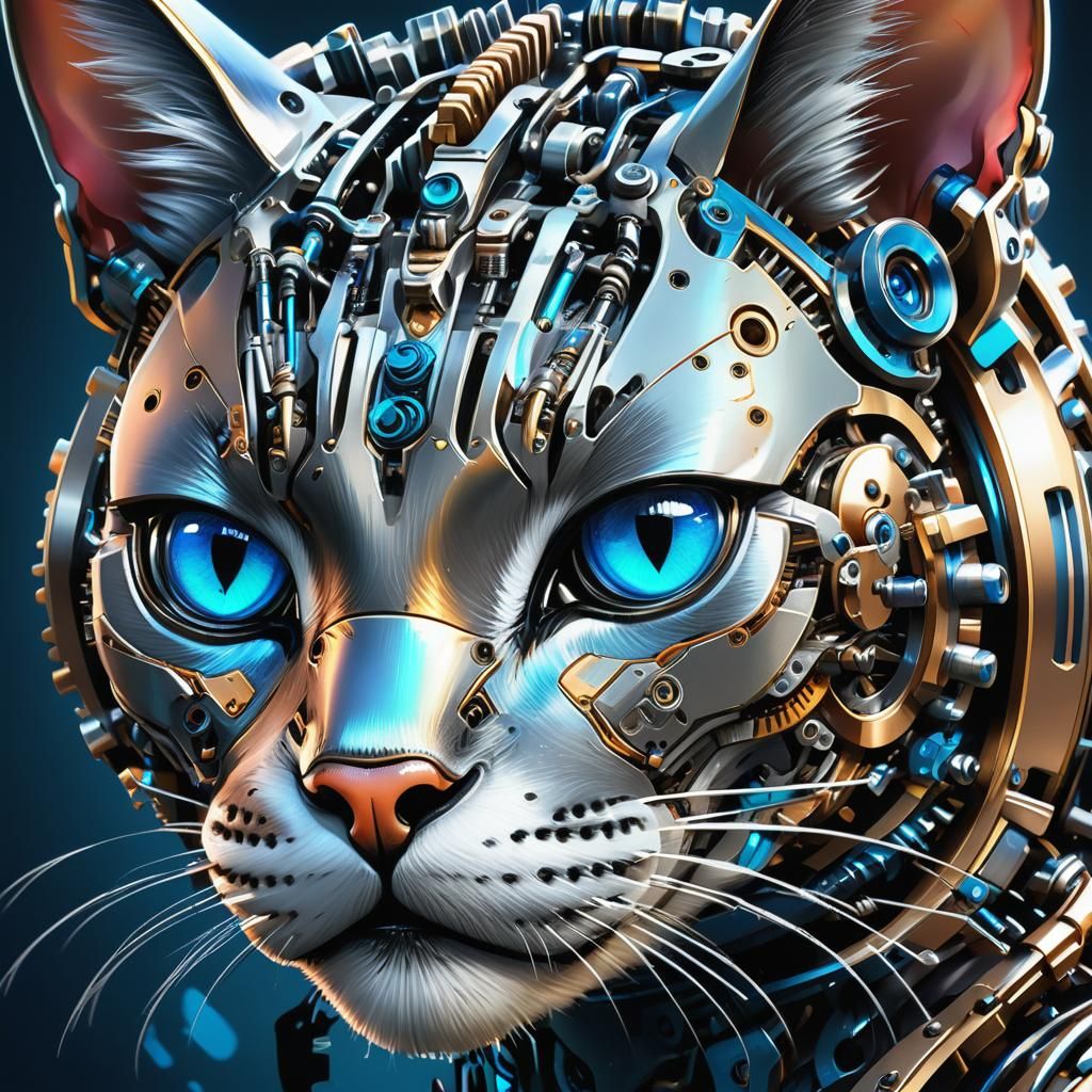 Sci-Fi Metallic Cat Portrait in Digital Art Style