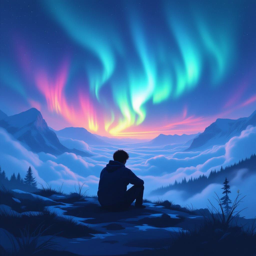 Surreal Aurora Landscape in Cyberpunk and Watercolor Styles