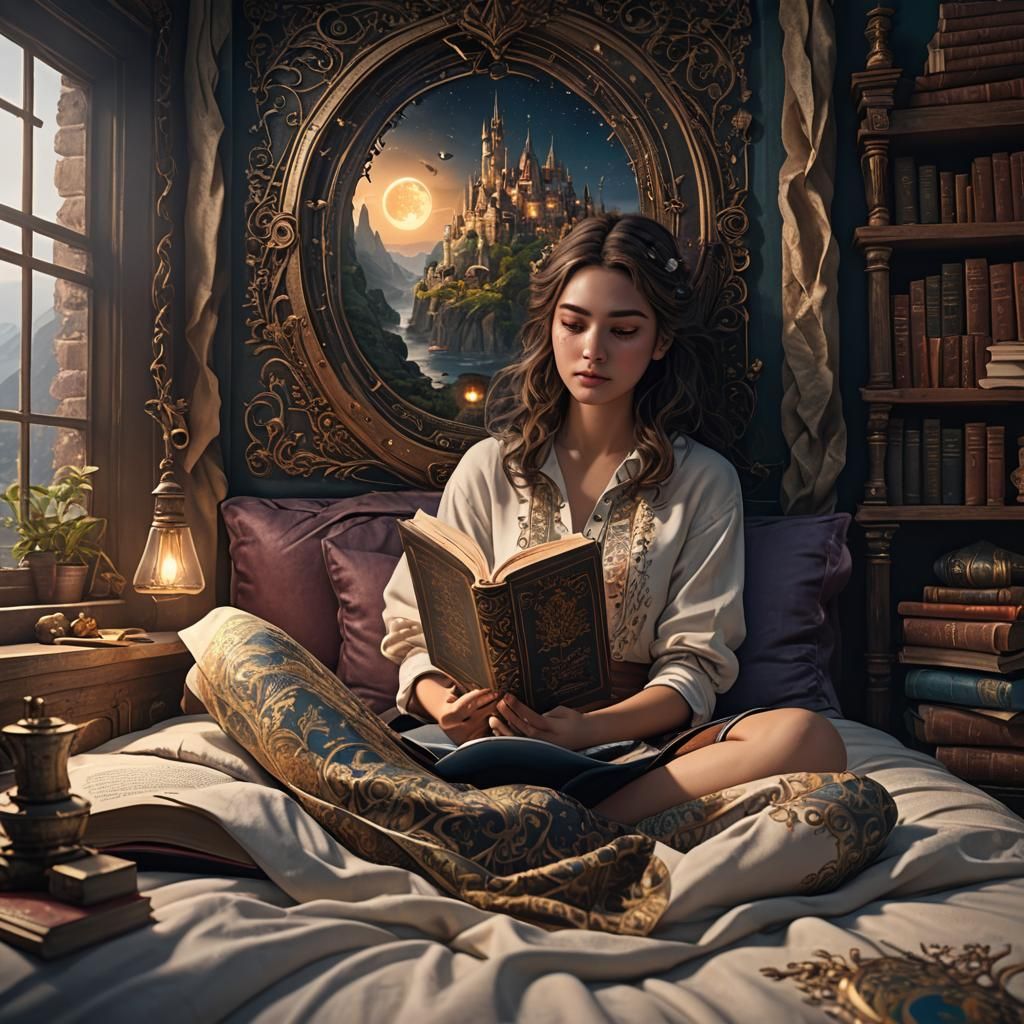 Girl Reading Book: Detailed Matte Painting