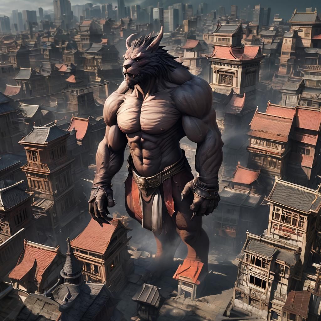Anime Warrior Fight Beast Over City in 3D