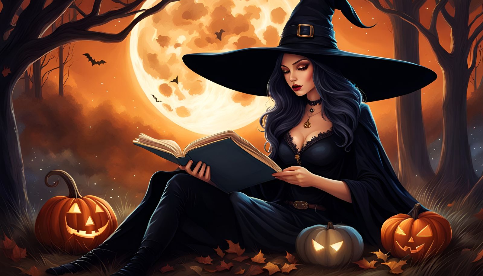 Enchanting Witch Reading by Moonlight in Digital Art