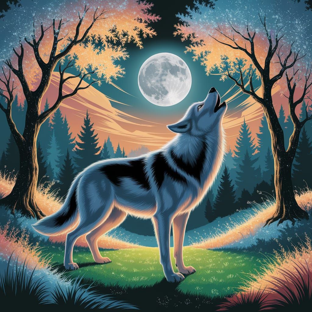 Majestic Silver Wolf Howling at Moon in Enchanted Forest