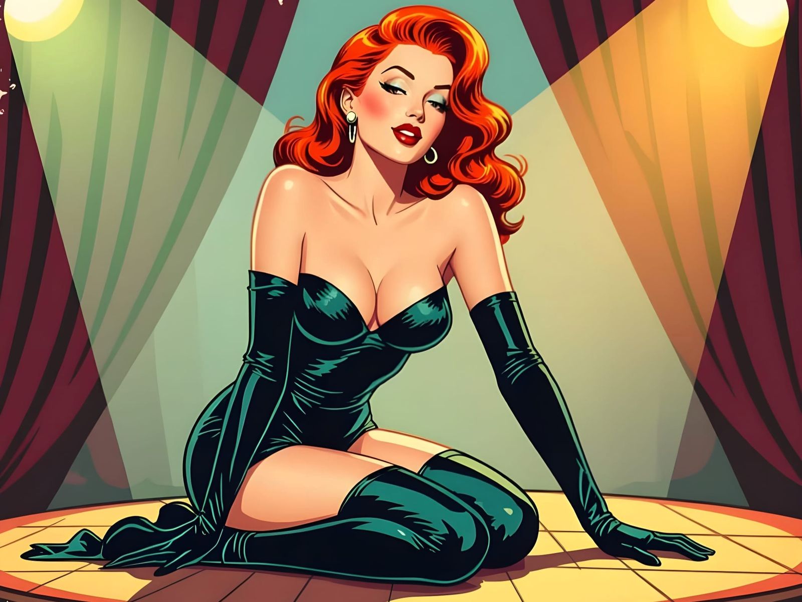 Redhead Pin-Up Woman on Vintage Stage in Comic Style