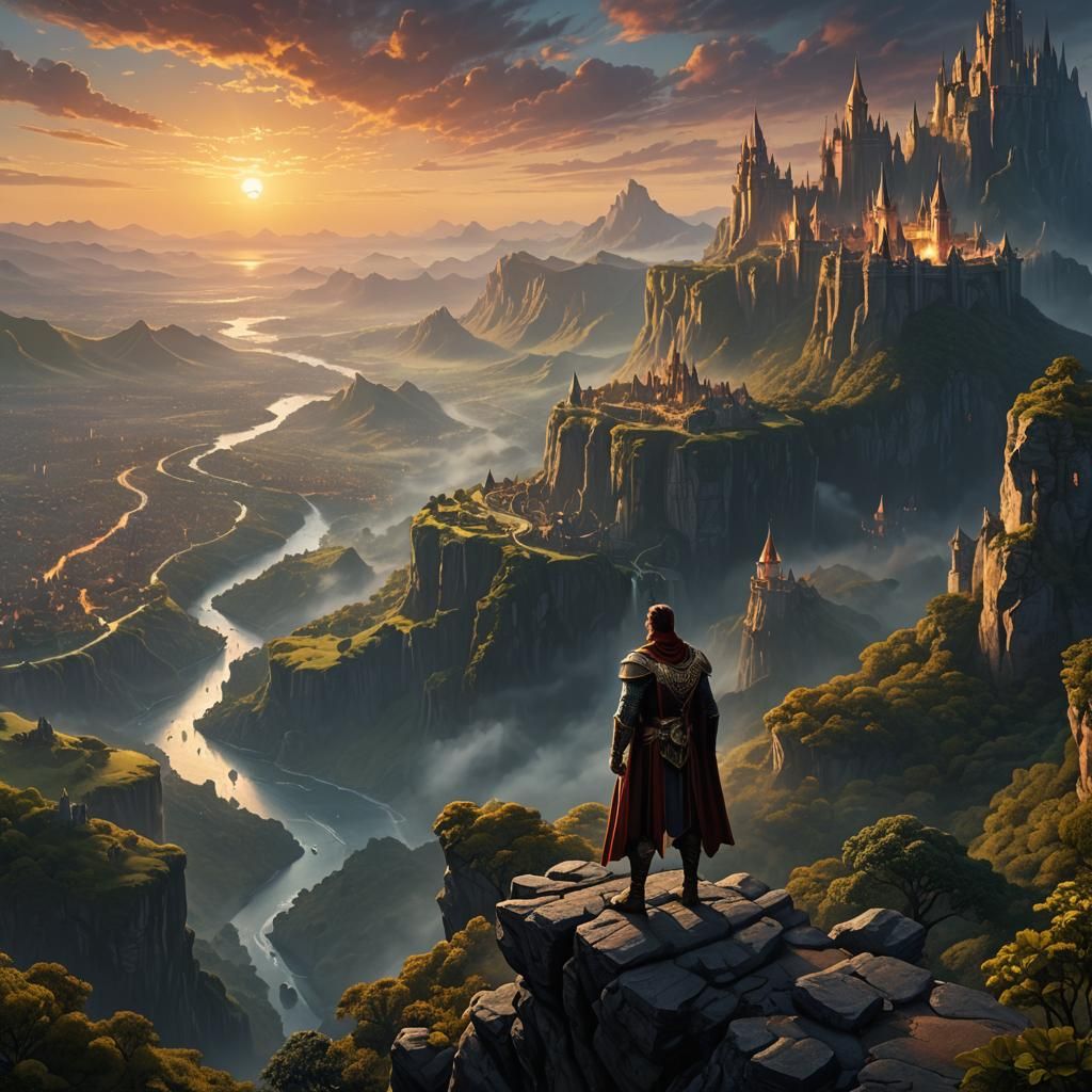Fantasy illustration of a hero standing on a cliff overlooki...