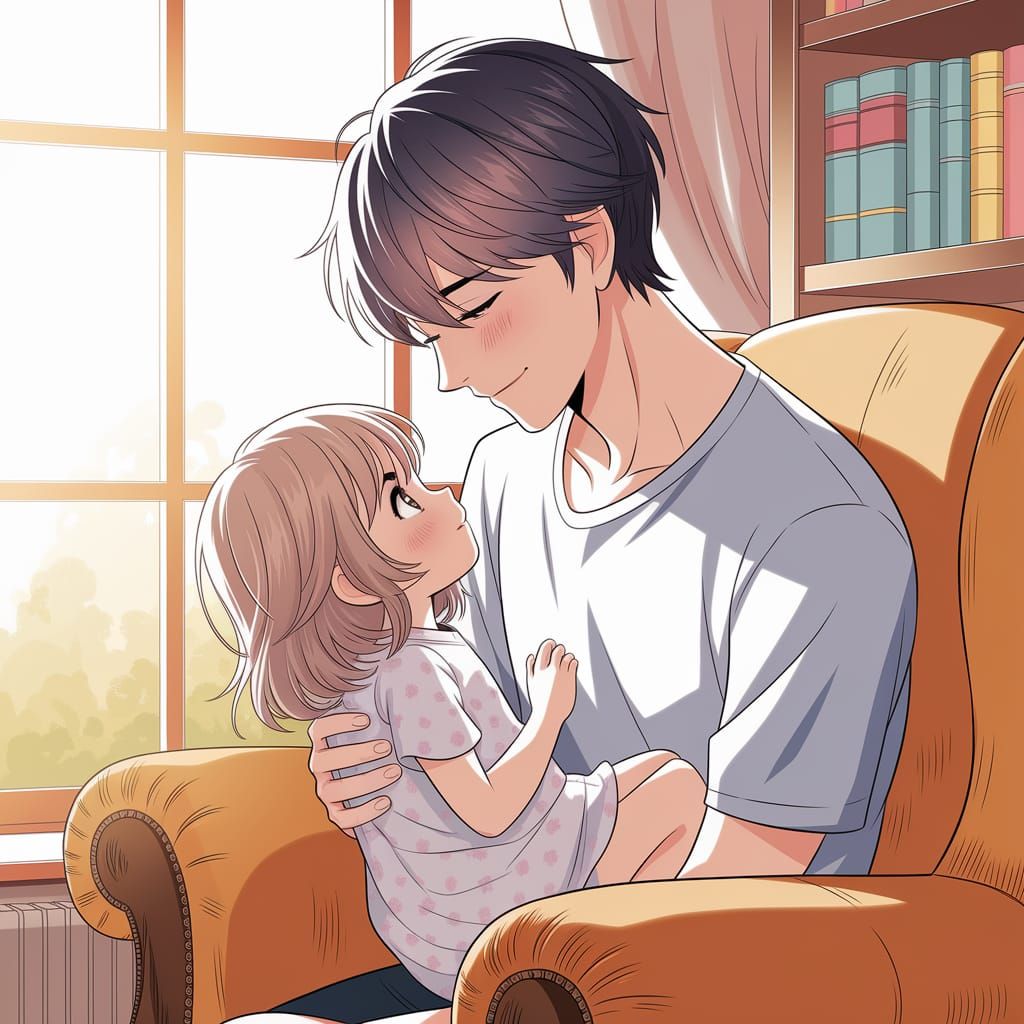 Tender Anime Scene: Man Holds Child Warmly