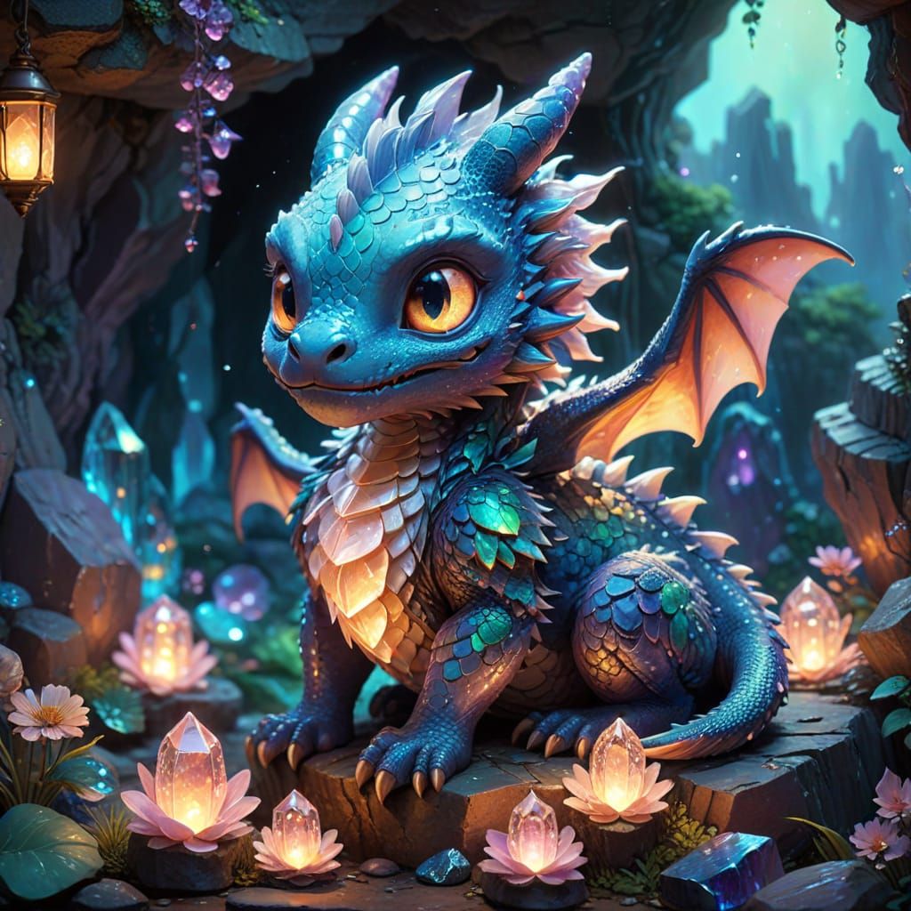 Cute Chibi Dragon on Iridescent Crystals in Ghibli Style