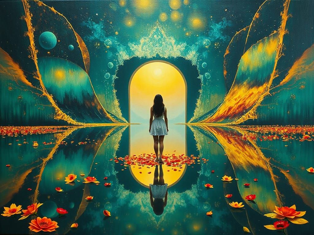Visionary Portal to Cosmic Lake in Vibrant Impressionist Sty...