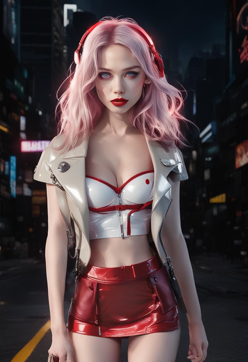 Cyberpunk Girl Walking City Street, Photorealistic