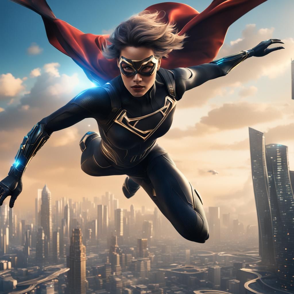 Flying Superheroine Over Futuristic City: Detailed Concept A...