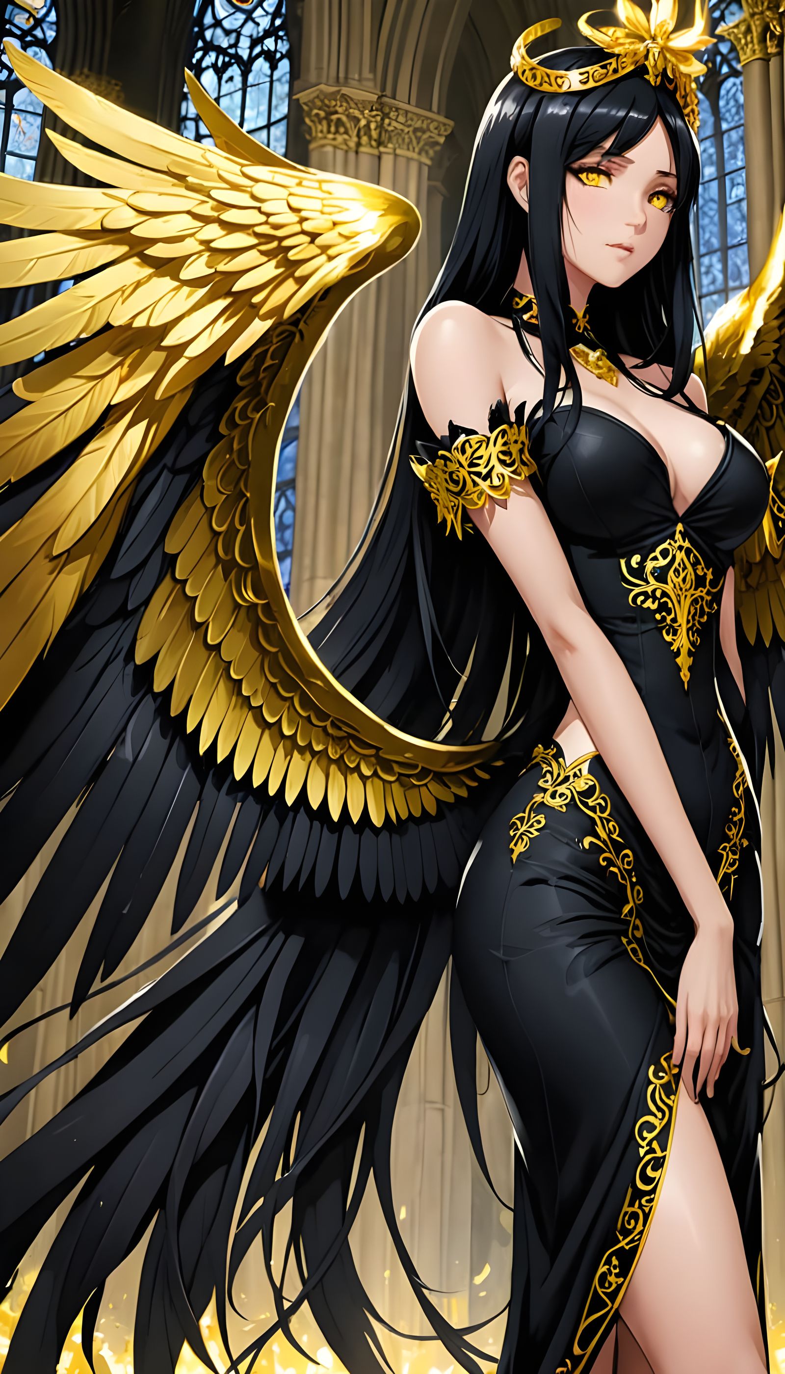 Gothic Angel with Glowing Eyes in Dark Cathedral