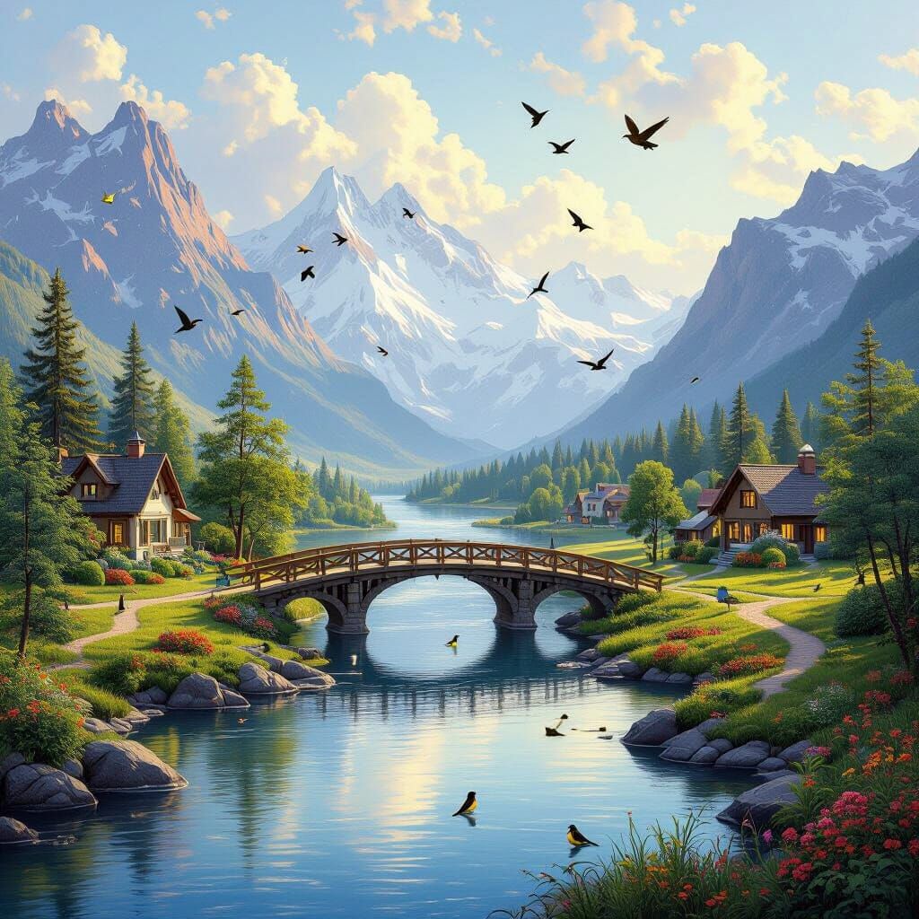 Majestic Landscape with River and Bridge in Photorealistic S...