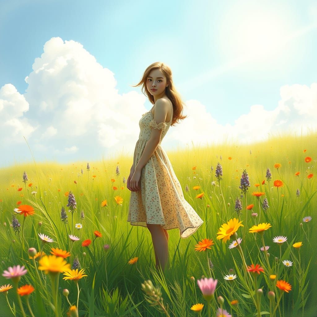 Woman in Meadow of Wildflowers: Pastel Art Style