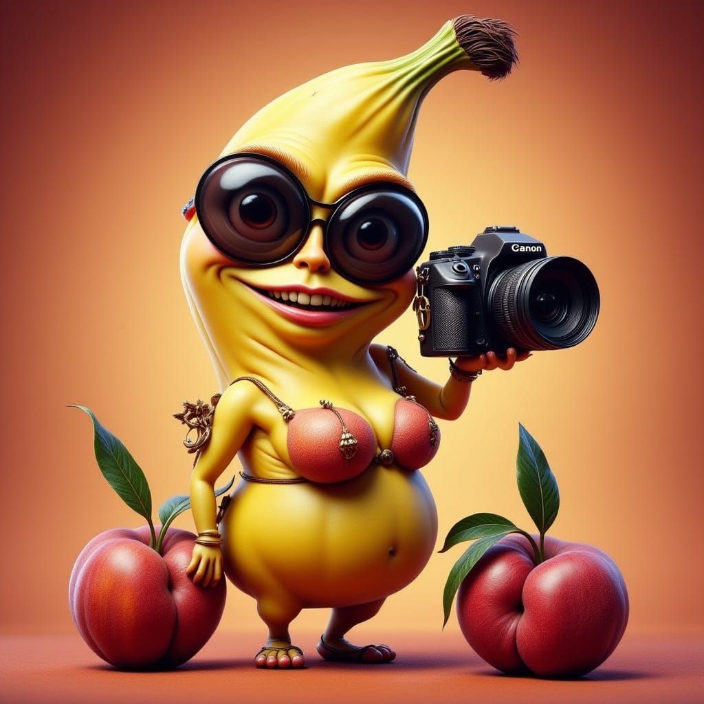 A cartoon Banana with  a big old camera <lora:-Lunatic-:1.0>...