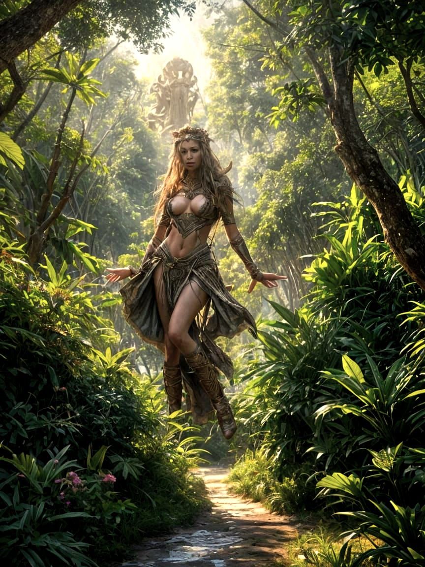 Goddess with Long Legs in Lush Jungle at Golden Hour