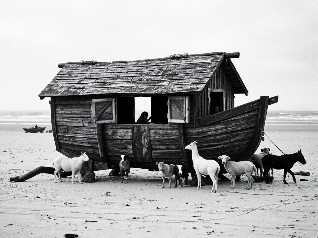 Surreal Ark on Normandy Beach in Black and White