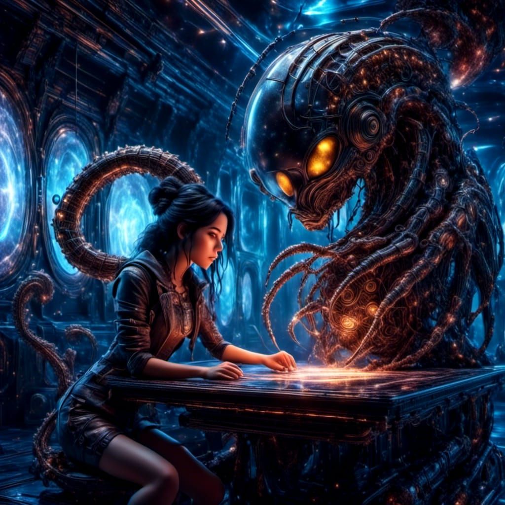 Cyberpunk Girl Meets Alien Centipede in Space