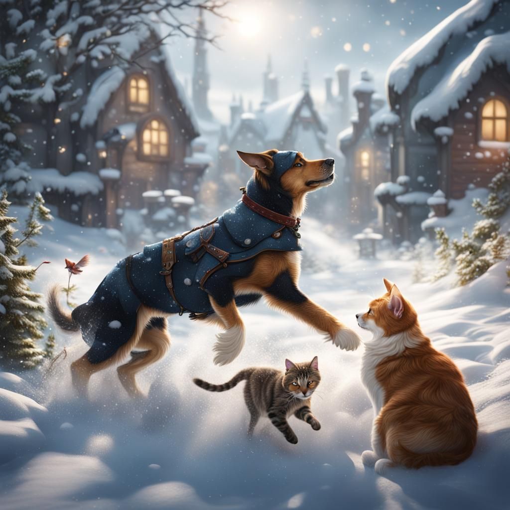 Dog and Cat Play in Winter Snow, Detailed Matte Painting
