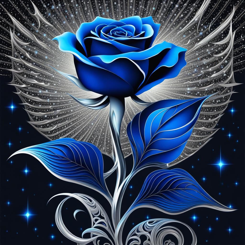 Silver Dagger and Blue Rose Against Starry Sky