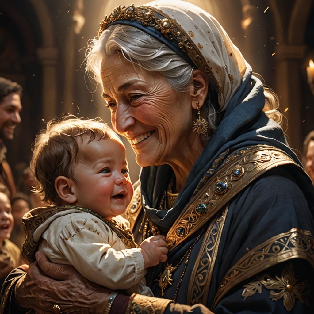 Biblical Woman Holding Baby Boy: Detailed Concept Art