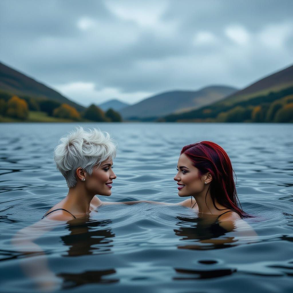 Women Swimming in Autumn Lake Cinematic Film Still