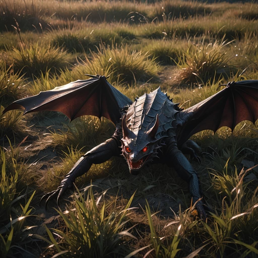 Reptilian Bat Creature in Grassy Field, Dark Fantasy Art